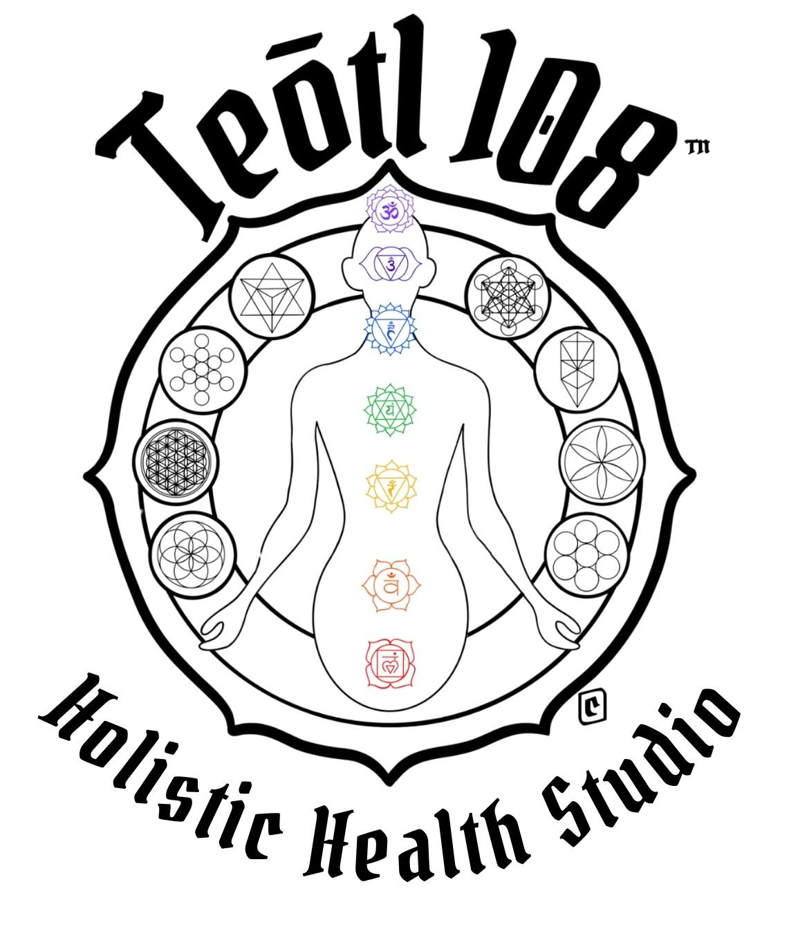 Teótl 108 Holistic Health Studio logo with seven colored chakra symbols and sacred geometry
